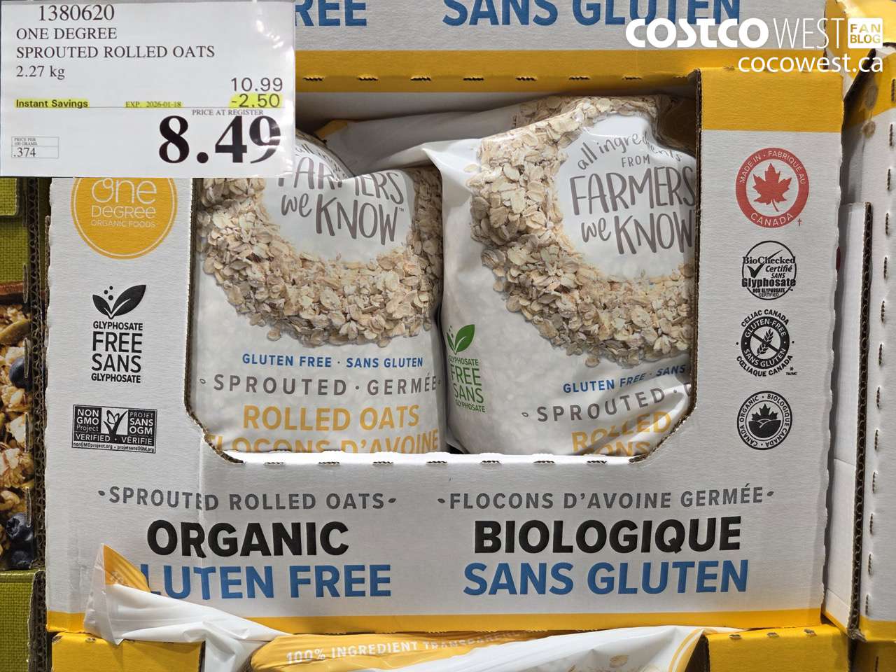 1380620 ONE DEGREE SPROUTED ROLLED OATS 2.27 KG ($2.50 INSTANT SAVINGS EXPIRES ON 2026-01-18) $8.49