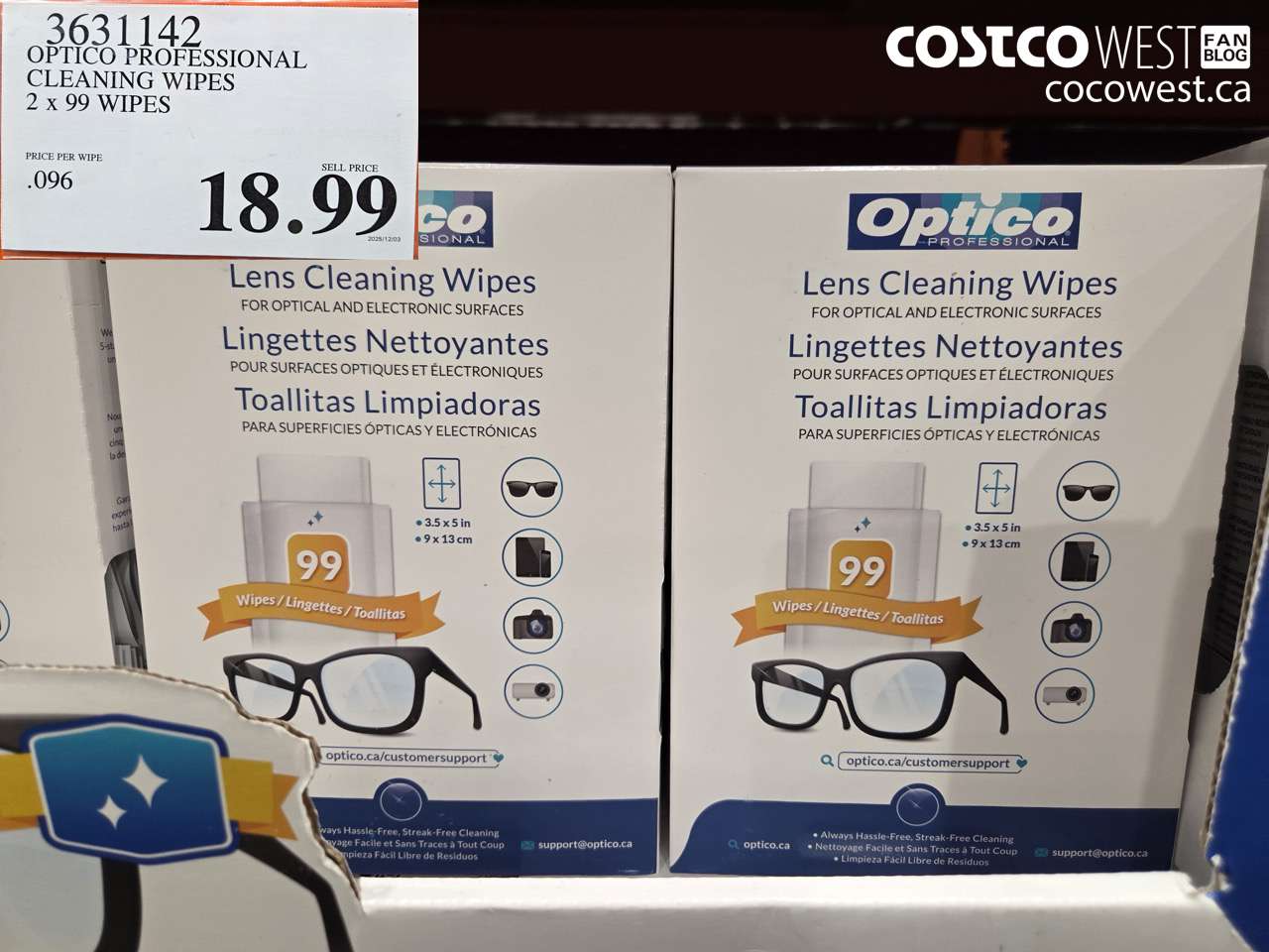 3631142 OPTICO CLEANING WIPES 2 BOXES OF 99 $18.99