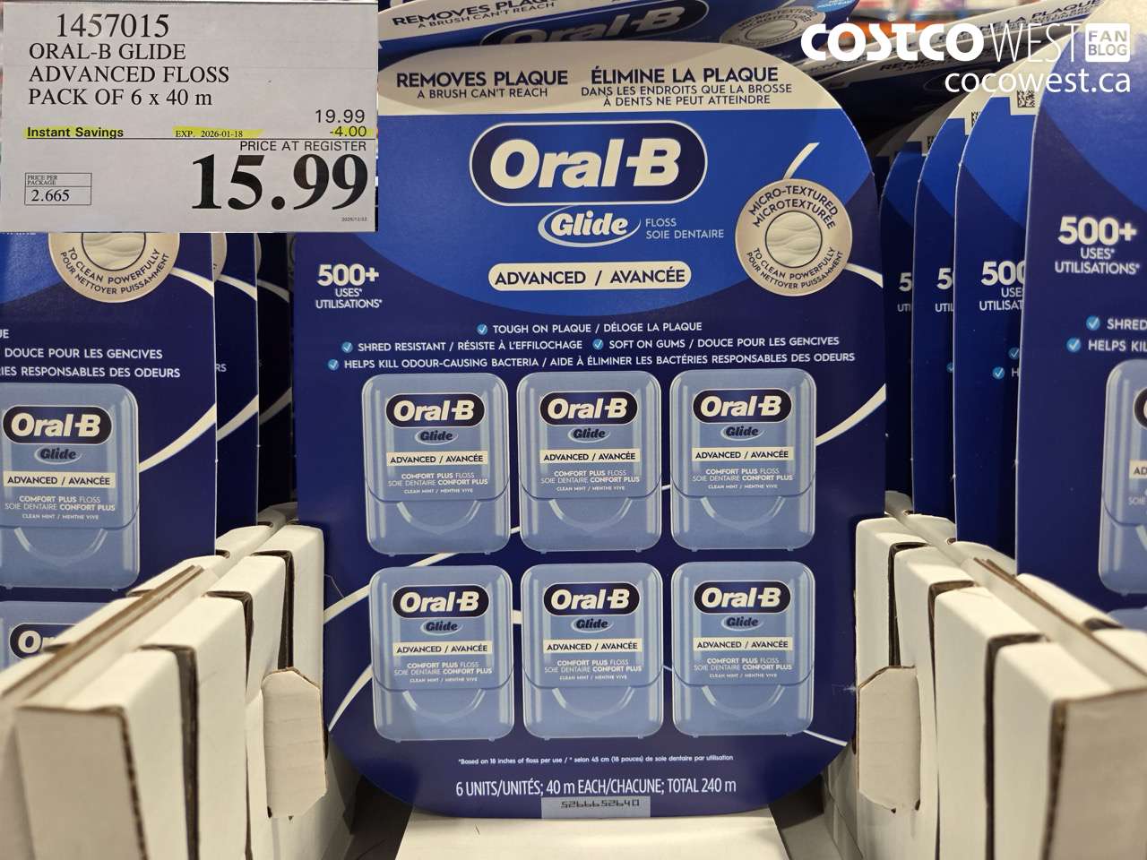 1457015 ORAL-B GLIDE ADVANCED FLOSS 6 PACKS x 40 M ($4.00 INSTANT SAVINGS EXPIRES ON 2026-01-18) $15.99