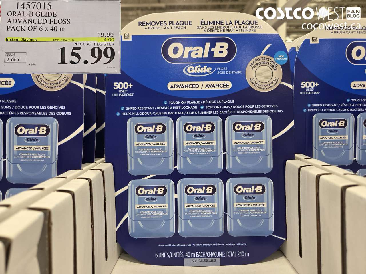 1457015 ORAL-B GLIDE ADVANCED FLOSS 6 PACKS x 40 M ($4.00 INSTANT SAVINGS EXPIRES ON 2026-01-18) $15.99