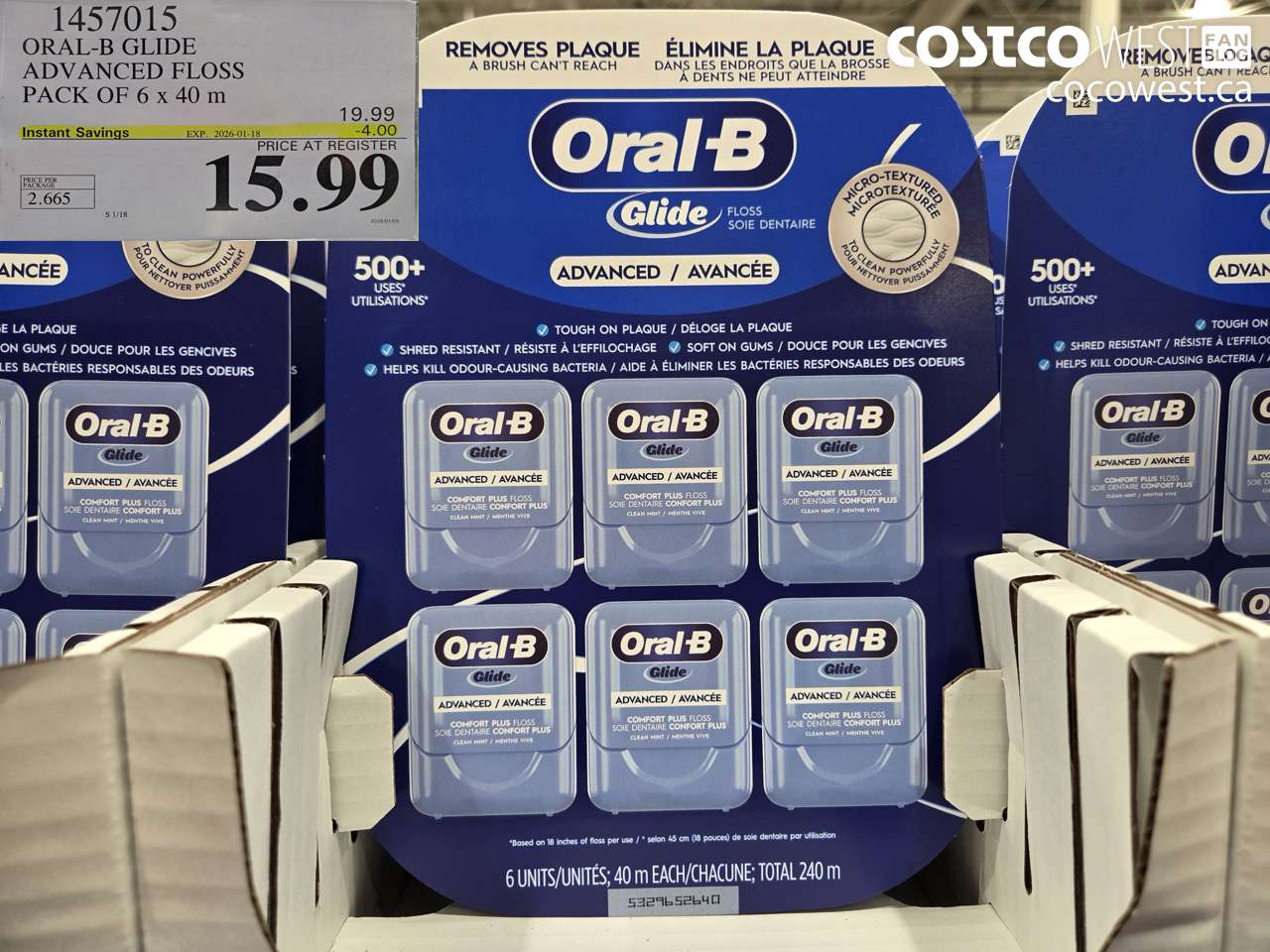 1457015 ORAL-B GLIDE ADVANCED FLOSS 6 PACKS x 40 M ($4.00 INSTANT SAVINGS EXPIRES ON 2026-01-18) $15.99