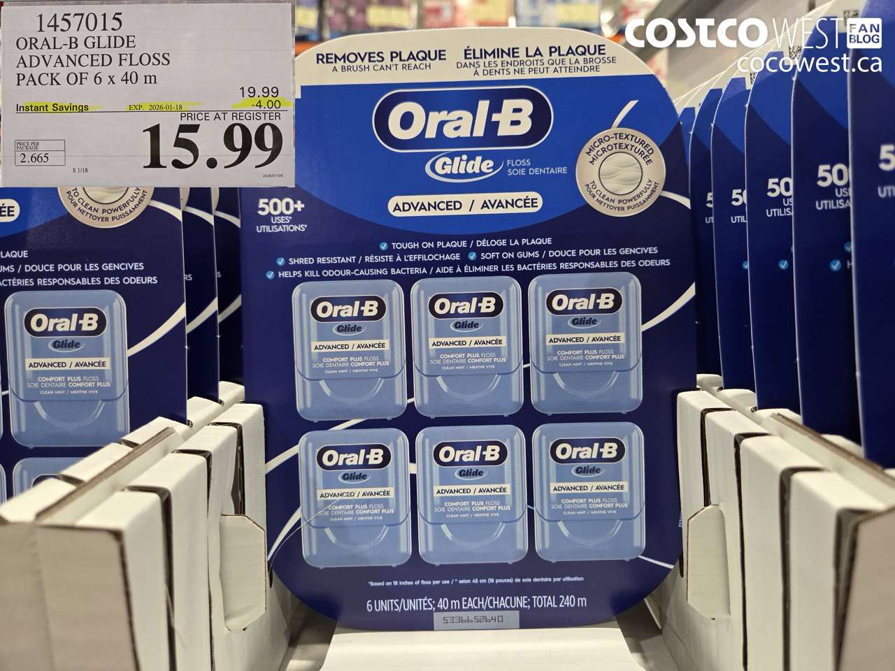 1457015 ORAL-B GLIDE ADVANCED FLOSS 6 PACKS x 40 M ($4.00 INSTANT SAVINGS EXPIRES ON 2026-01-18) $15.99