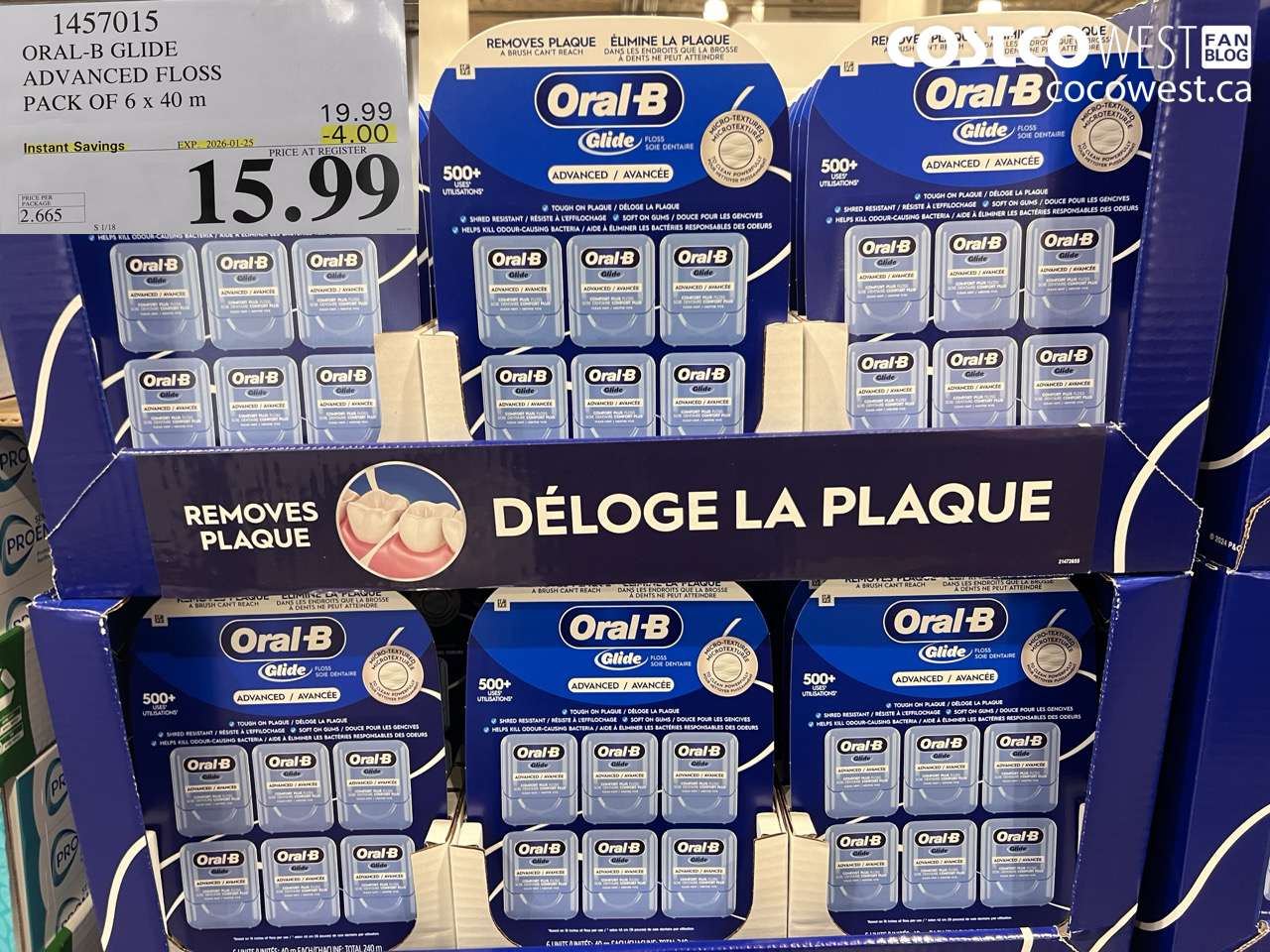 1457015 ORAL-B GLIDE ADVANCED FLOSS 6 PACKS x 40 M ($4.00 INSTANT SAVINGS EXPIRES ON 2026-01-25) $15.99