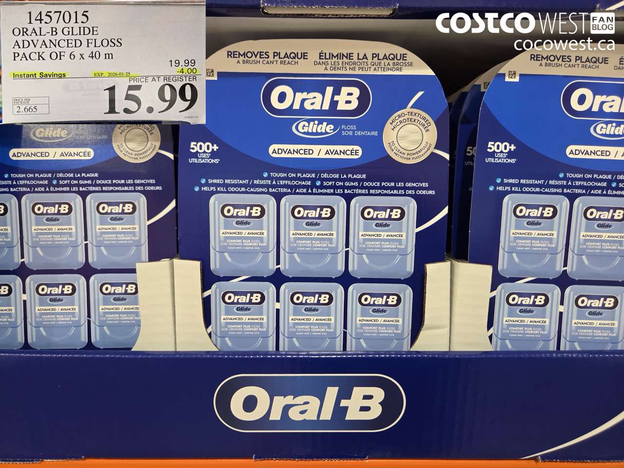 1457015 ORAL-B GLIDE ADVANCED FLOSS 6 PACKS x 40 M ($4.00 INSTANT SAVINGS EXPIRES ON 2026-01-25) $15.99