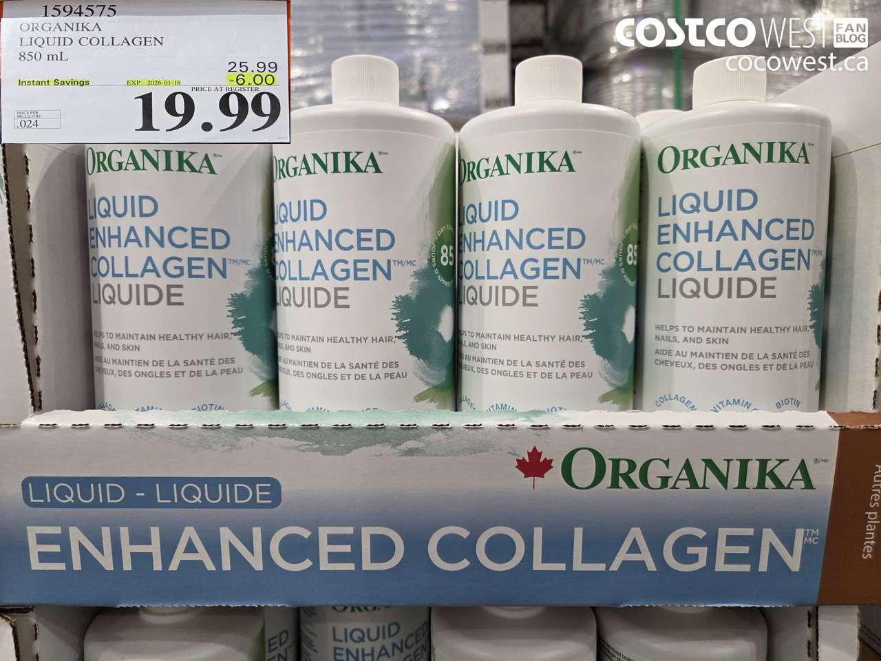 1594575 ORGANIKA LIQUID COLLAGEN 850 ML ($6.00 INSTANT SAVINGS EXPIRES ON 2026-01-18) $19.99