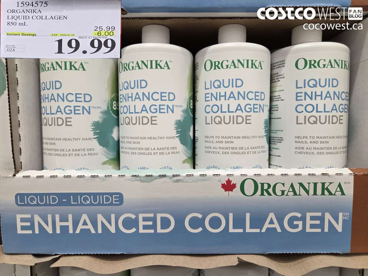 1594575 ORGANIKA LIQUID COLLAGEN 850 ML ($6.00 INSTANT SAVINGS EXPIRES ON 2026-01-18) $19.99