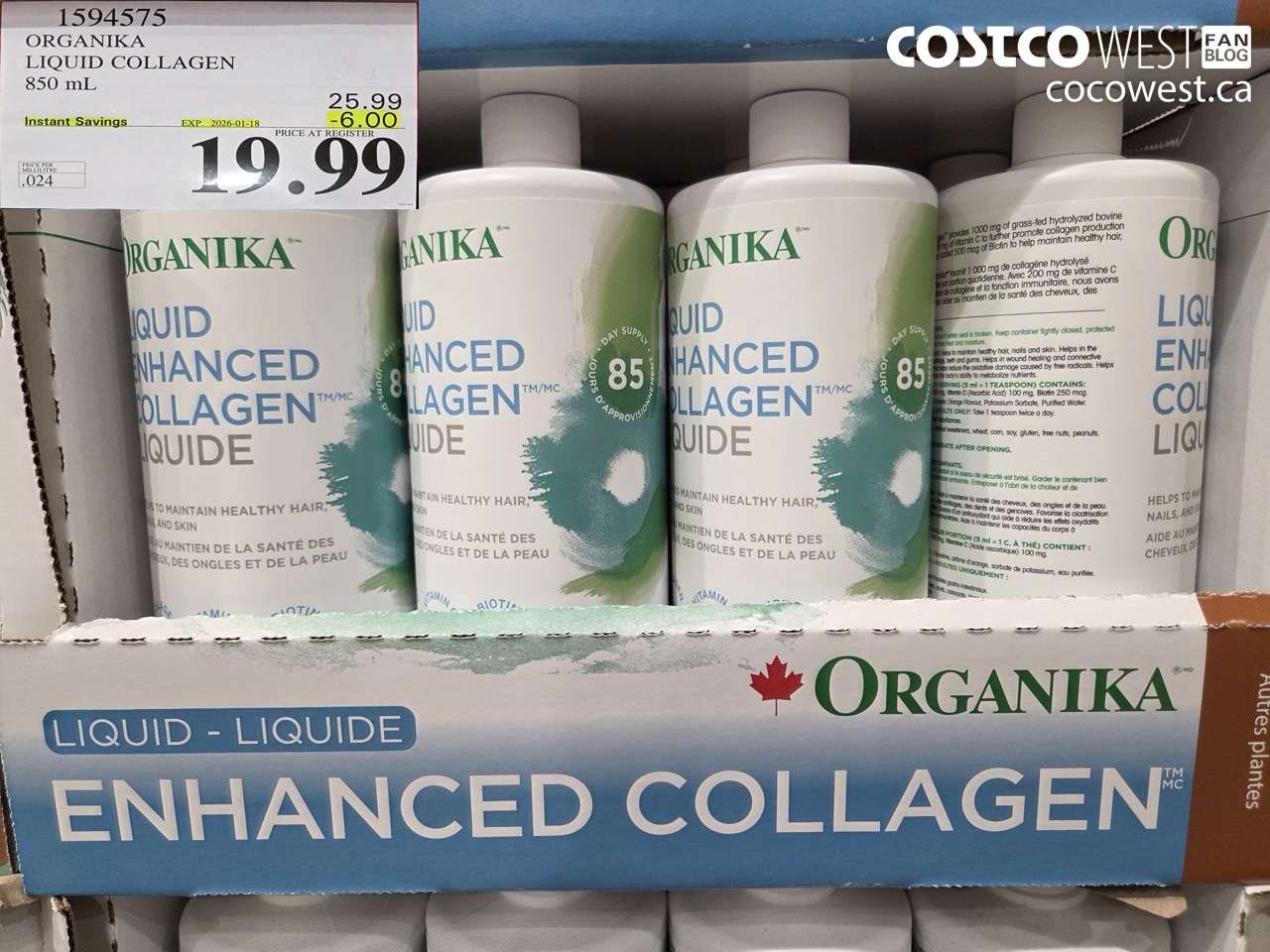 1594575 ORGANIKA LIQUID COLLAGEN 850 ML ($6.00 INSTANT SAVINGS EXPIRES ON 2026-01-18) $19.99