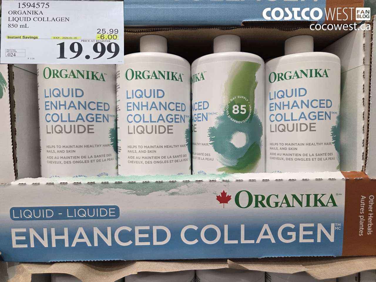 1594575 ORGANIKA LIQUID COLLAGEN 850 ML ($6.00 INSTANT SAVINGS EXPIRES ON 2026-01-18) $19.99