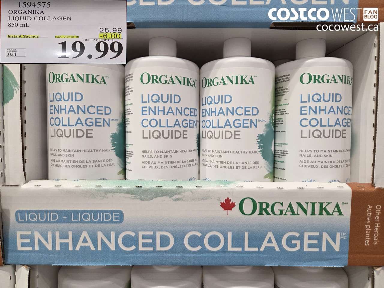 1594575 ORGANIKA LIQUID COLLAGEN 850 ML ($6.00 INSTANT SAVINGS EXPIRES ON 2026-01-18) $19.99