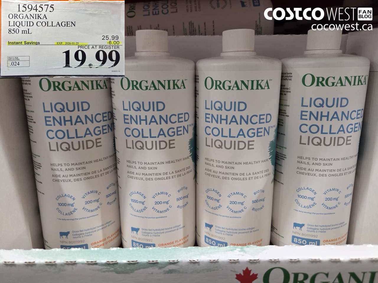 1594575 ORGANIKA LIQUID COLLAGEN 850 ML ($6.00 INSTANT SAVINGS EXPIRES ON 2026-01-25) $19.99