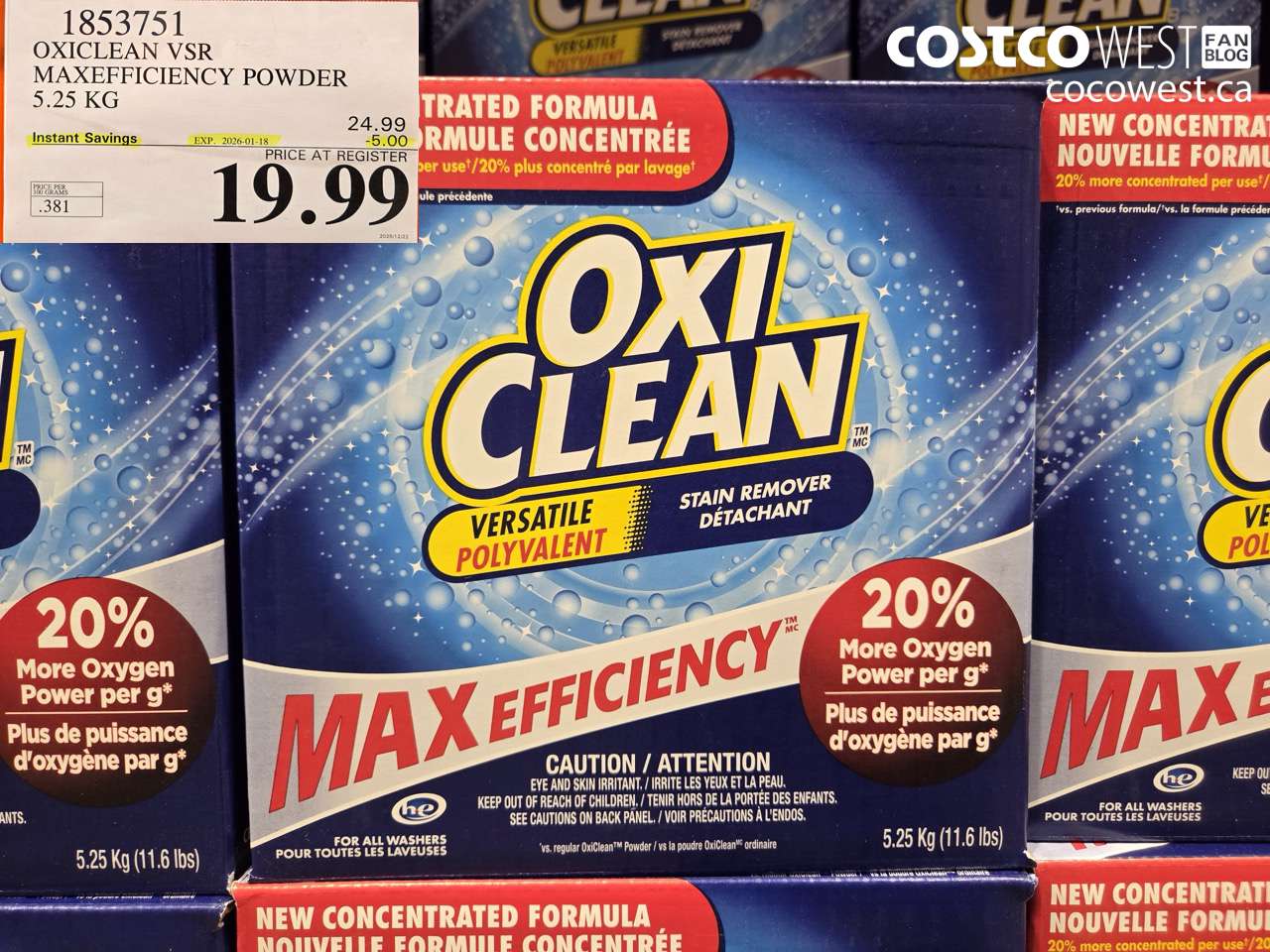 1853751 OXICLEAN VSR MAXEFFICIENCY POWDER 5.25KG ($5.00 INSTANT SAVINGS EXPIRES ON 2026-01-18) $19.99