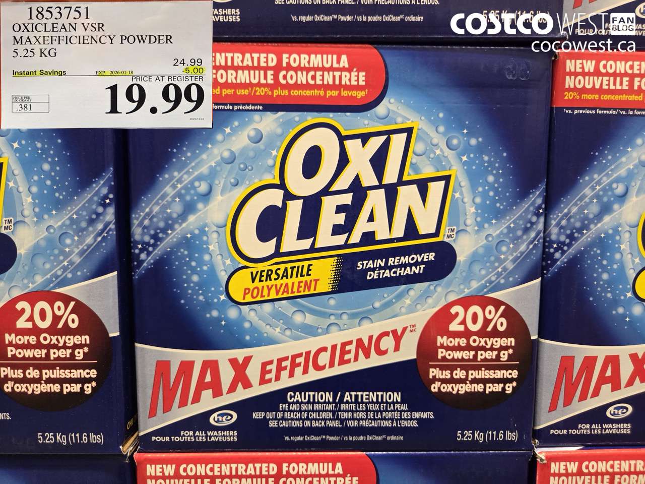 1853751 OXICLEAN VSR MAXEFFICIENCY POWDER 5.25KG ($5.00 INSTANT SAVINGS EXPIRES ON 2026-01-18) $19.99