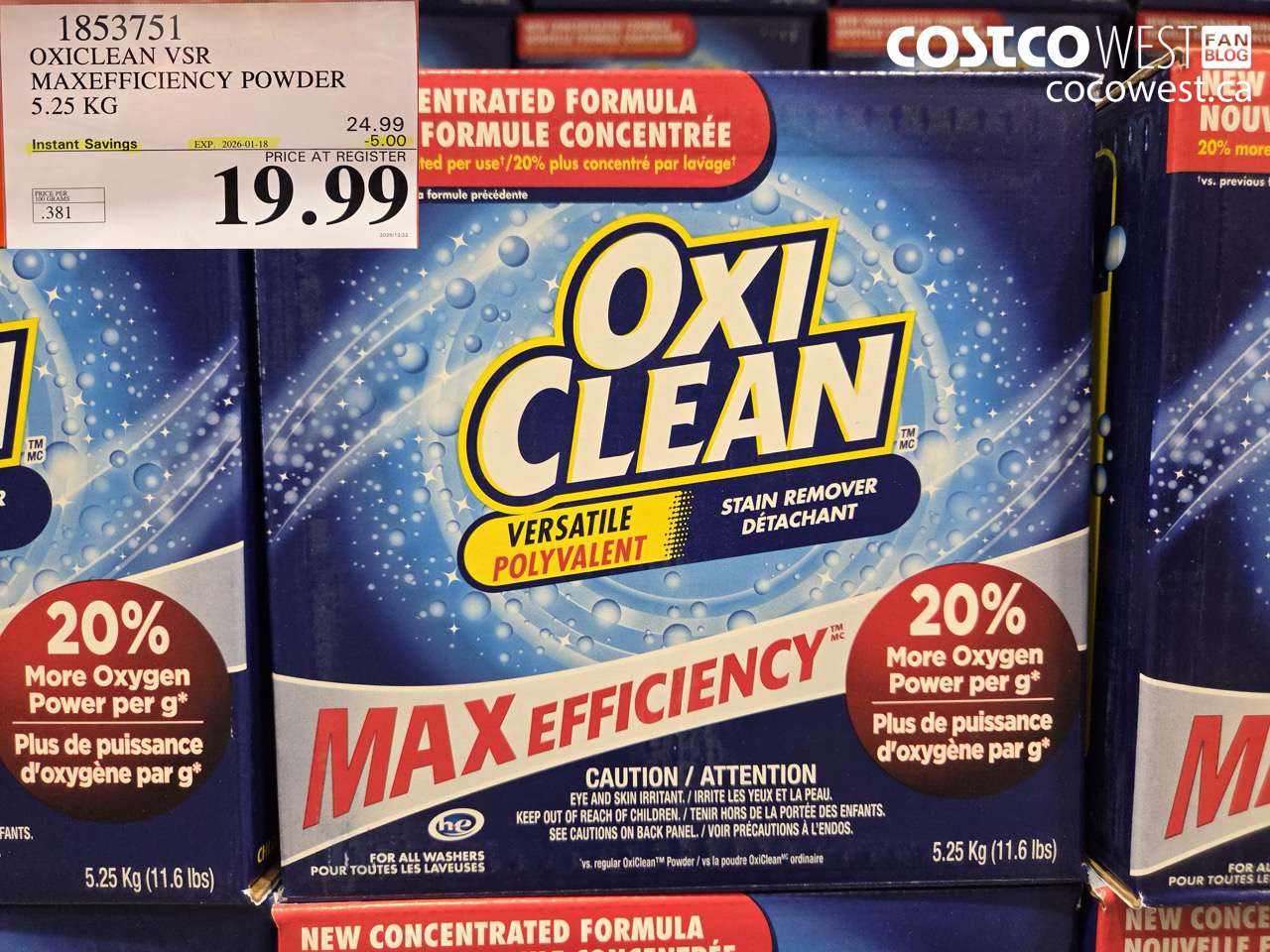 1853751 OXICLEAN VSR MAXEFFICIENCY POWDER 5.25KG ($5.00 INSTANT SAVINGS EXPIRES ON 2026-01-18) $19.99