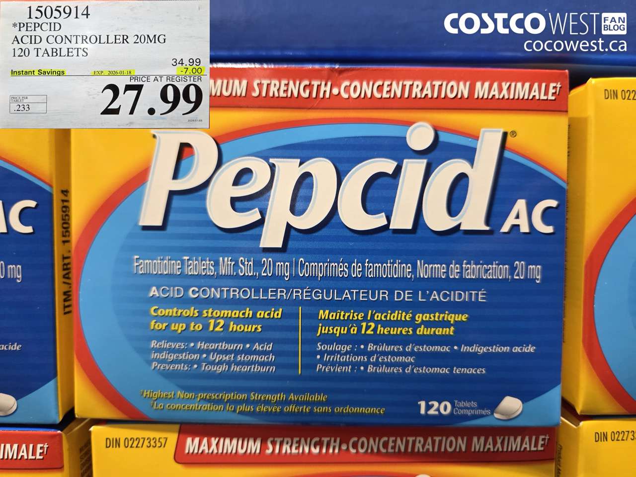 1505914 PEPCID ACID CONTROLLER 20MG 120 TABLETS ($7.00 INSTANT SAVINGS EXPIRES ON 2026-01-18) $27.99