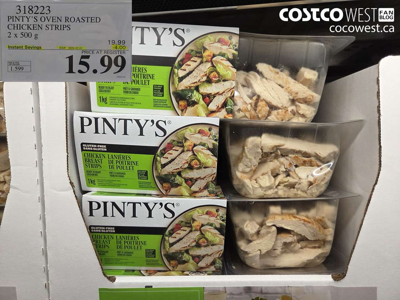 318223 PINTY'S OVEN ROASTED CHICKEN STRIPS 2 x 500 g ($4.00 INSTANT SAVINGS EXPIRES ON 2026-02-01) $15.99