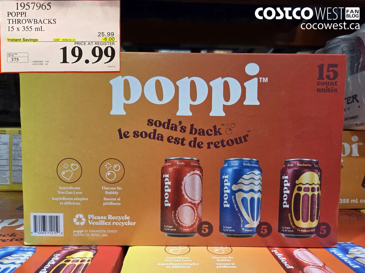 1957965 POPPI THROWBACKS 15 x 355 mL ($6.00 INSTANT SAVINGS EXPIRES ON 2026-01-11) $19.99