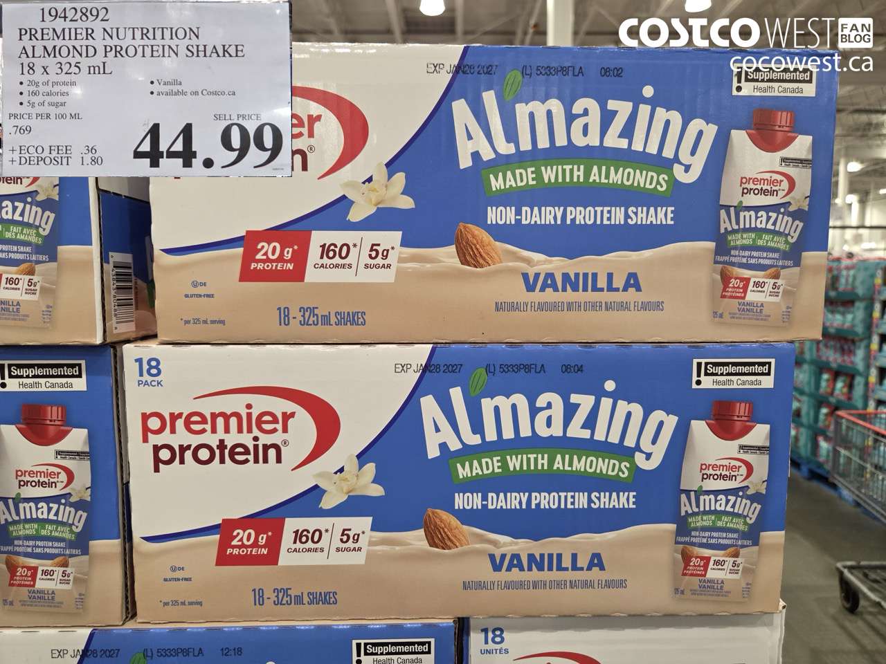 1942892 PREMIER NUTRITION ALMOND PROTEIN SHAKE 18 X 325ML $44.99