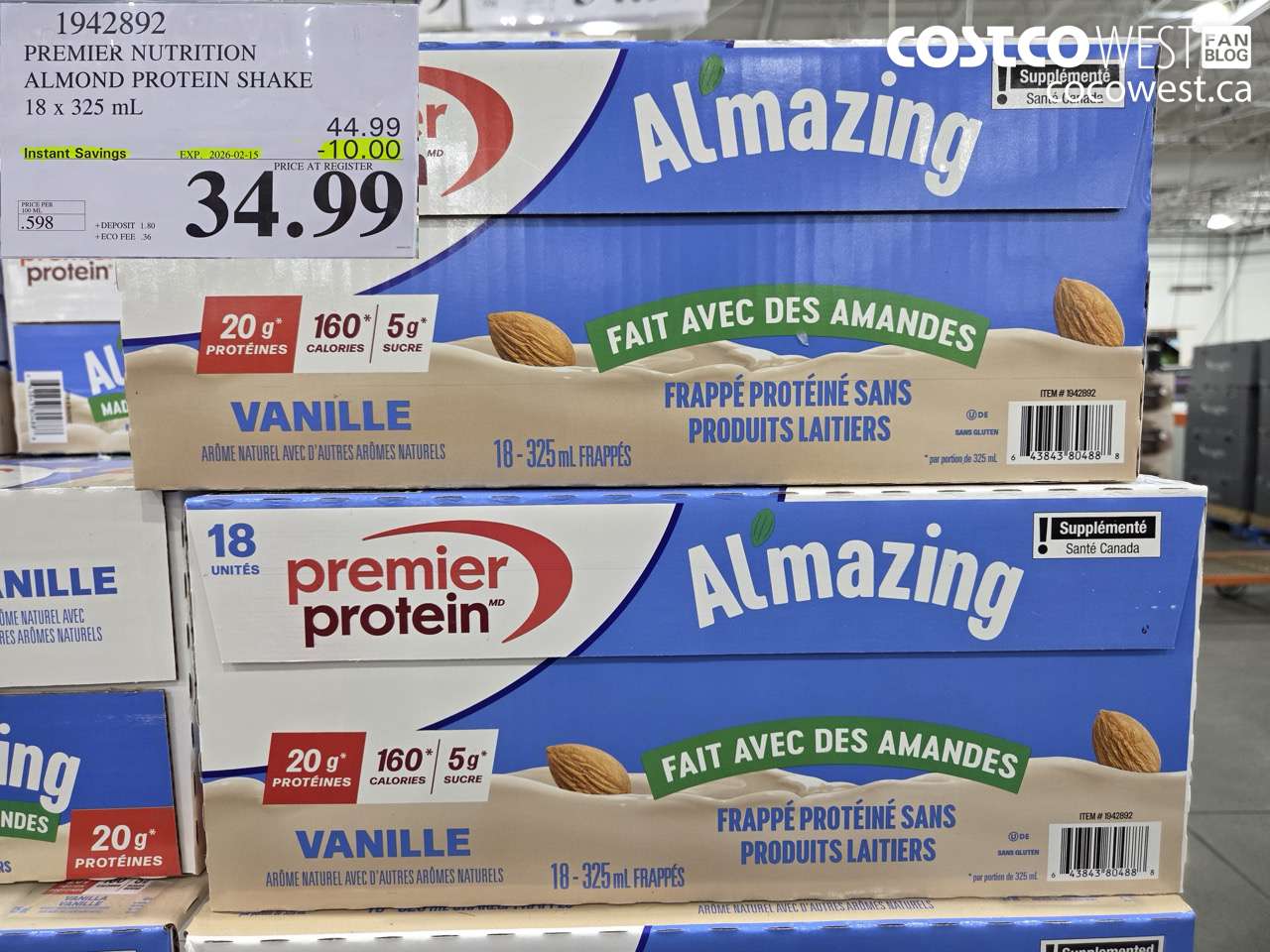 1942892 PREMIER NUTRITION ALMOND PROTEIN SHAKE 18 X 325ML ($10.00 INSTANT SAVINGS EXPIRES ON 2026-02-15) $34.99