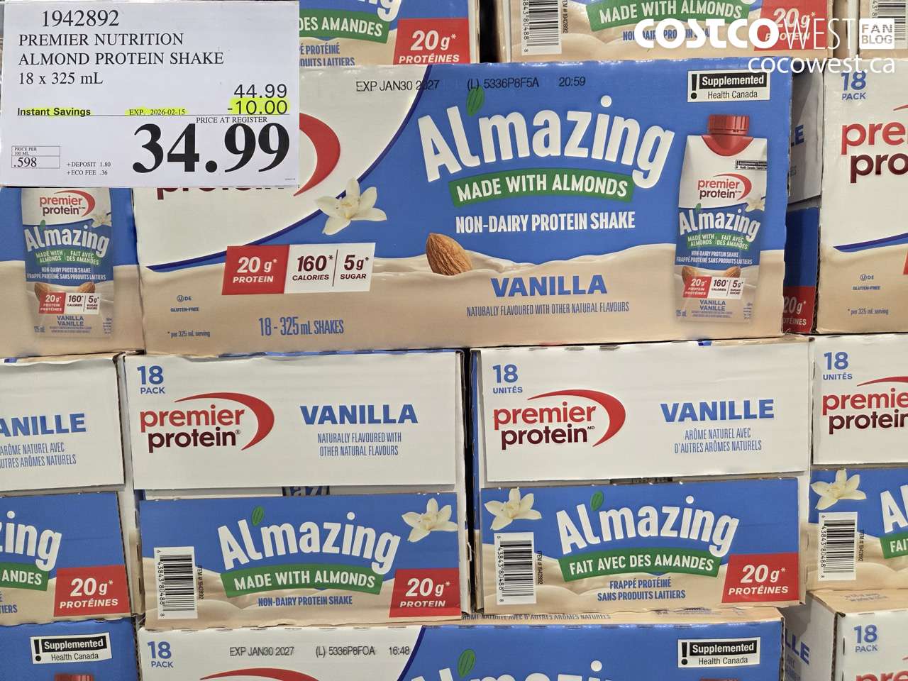 1942892 PREMIER NUTRITION ALMOND PROTEIN SHAKE 18 X 325ML ($10.00 INSTANT SAVINGS EXPIRES ON 2026-02-15) $34.99