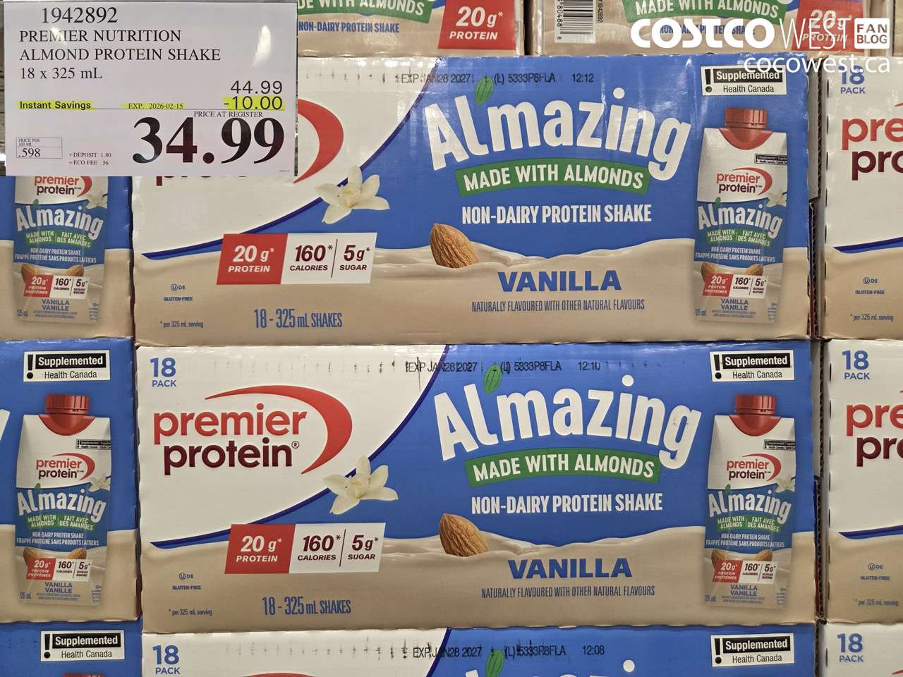 1942892 PREMIER NUTRITION ALMOND PROTEIN SHAKE 18 X 325ML ($10.00 INSTANT SAVINGS EXPIRES ON 2026-02-15) $34.99