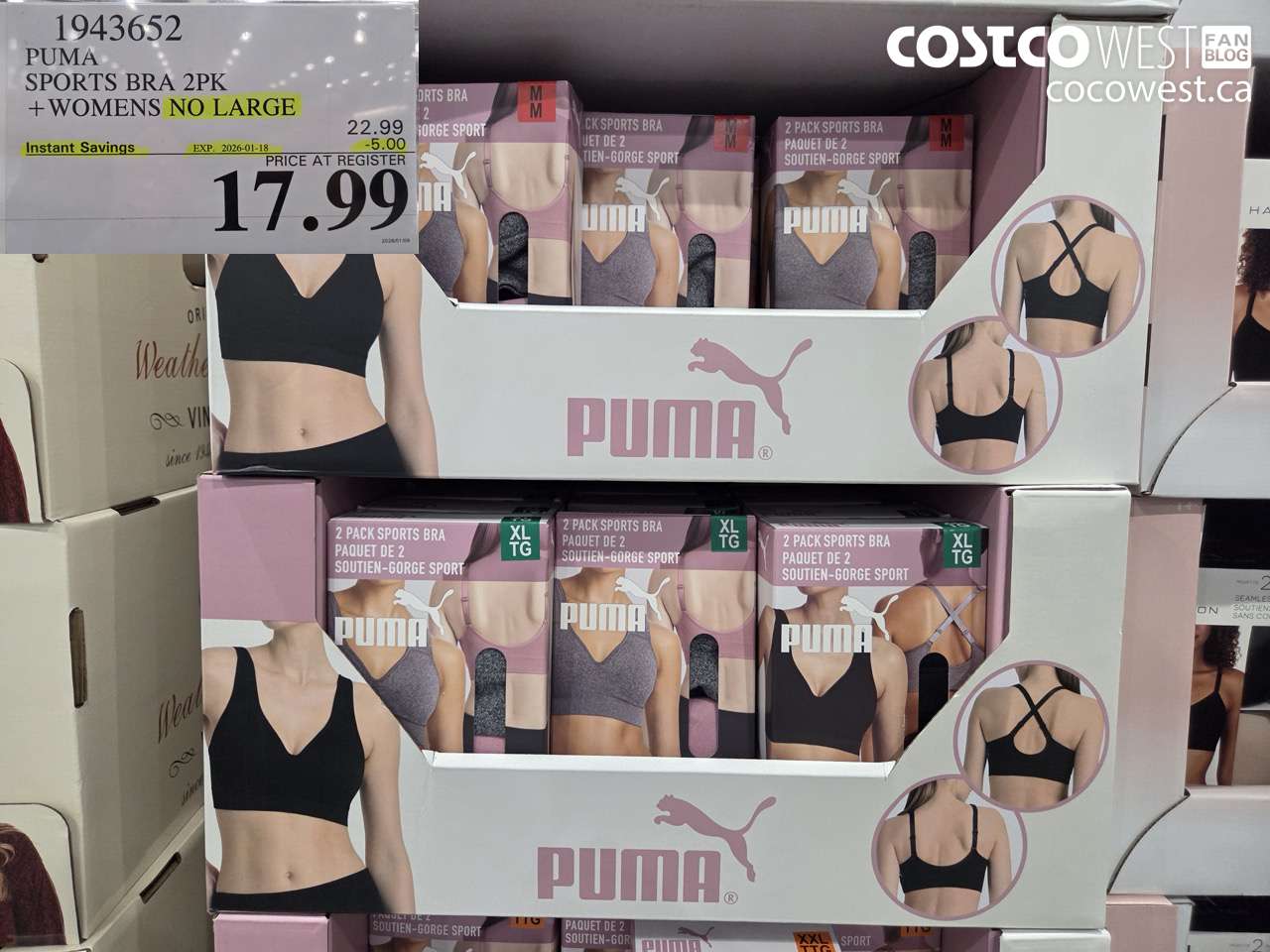 1943652 PUMA SPORTS BRA 2PK WOMENS SIZES NO LARGE ($5.00 INSTANT SAVINGS EXPIRES ON 2026-01-18) $17.99