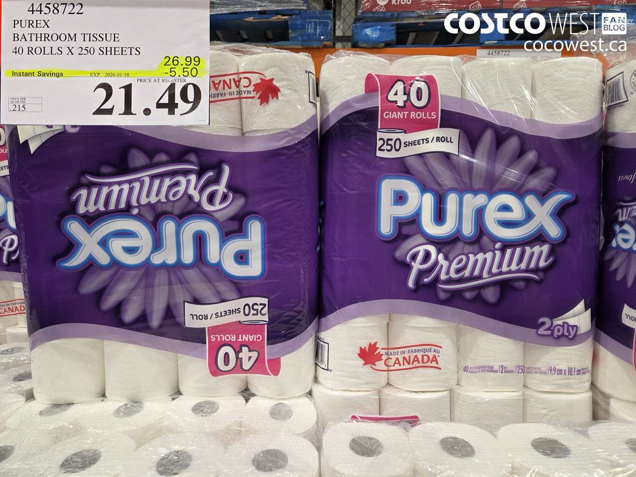 4458722 PUREX BATHROOM TISSUE 40 ROLLS X 250 SHEETS 6.99 ($5.50 INSTANT SAVINGS EXPIRES ON 2026-01-18) $21.49