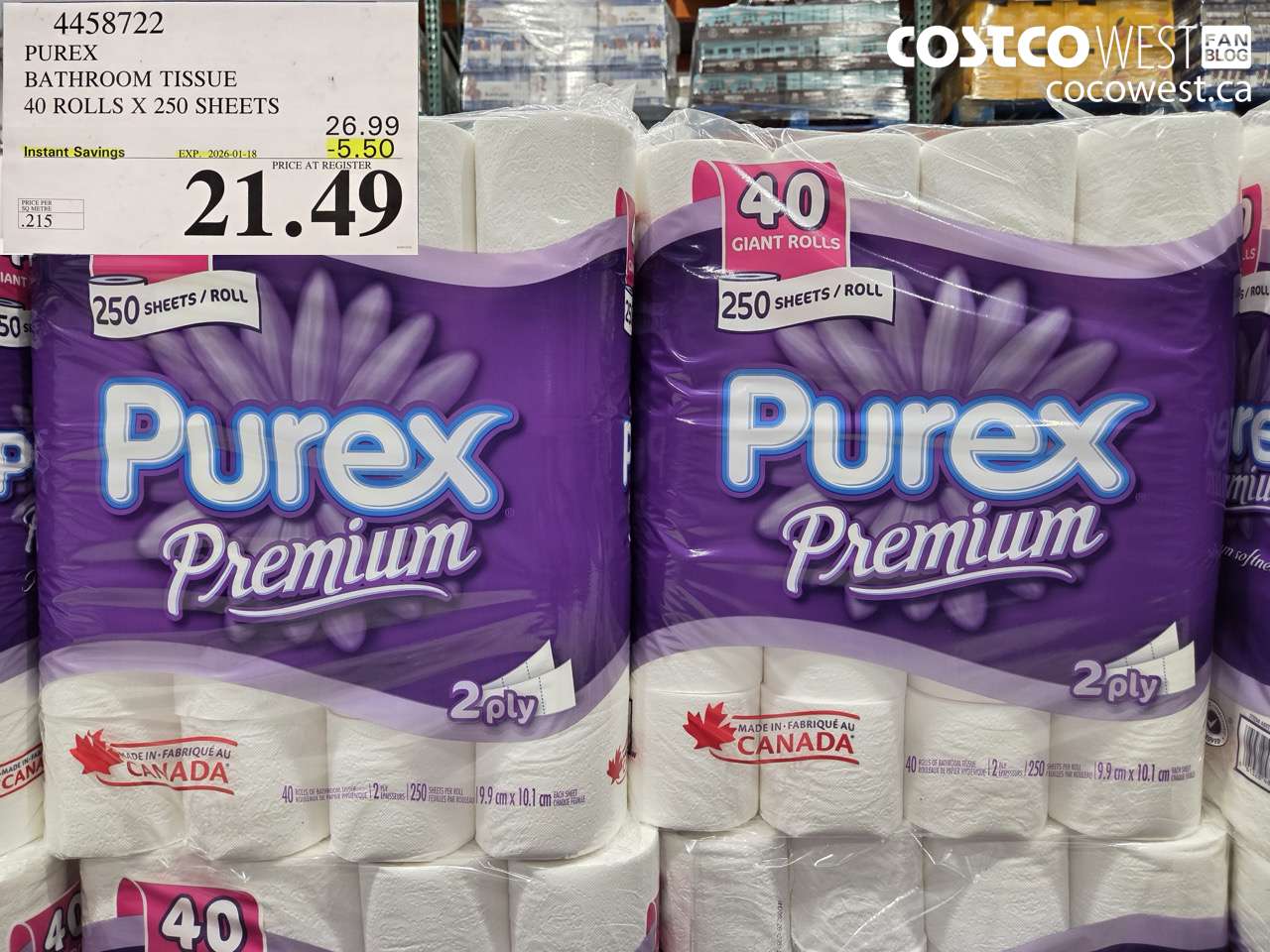 4458722 PUREX BATHROOM TISSUE 40 ROLLS X 250 SHEETS 6.99 ($5.50 INSTANT SAVINGS EXPIRES ON 2026-01-18) $21.49