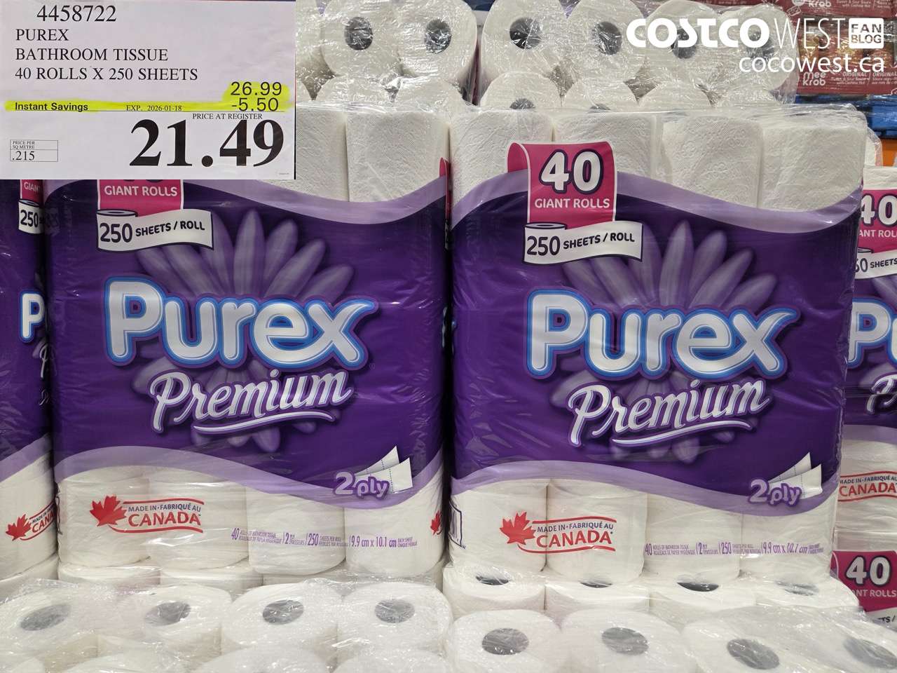 4458722 PUREX BATHROOM TISSUE 40 ROLLS X 250 SHEETS 6.99 ($5.50 INSTANT SAVINGS EXPIRES ON 2026-01-18) $21.49