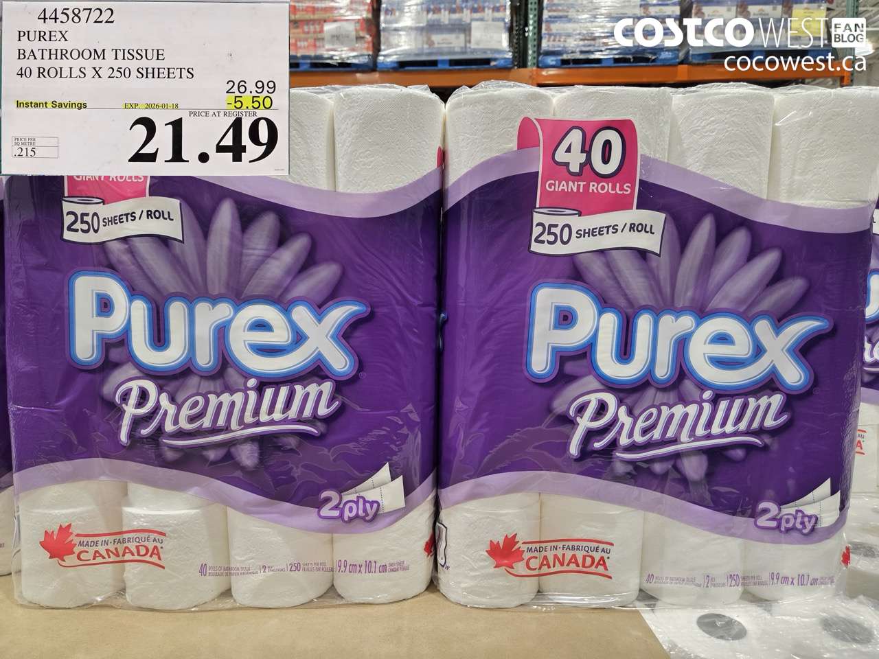 4458722 PUREX BATHROOM TISSUE 40 ROLLS X 250 SHEETS 6.99 ($5.50 INSTANT SAVINGS EXPIRES ON 2026-01-18) $21.49