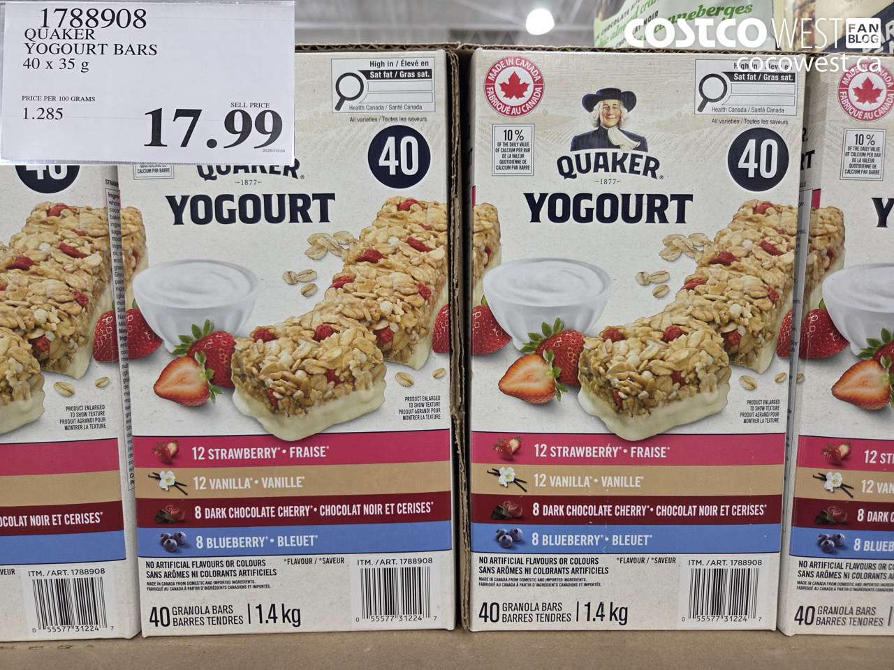 1788908 QUAKER CHEWY YOGOURT BARS 40 X 35 G $17.99