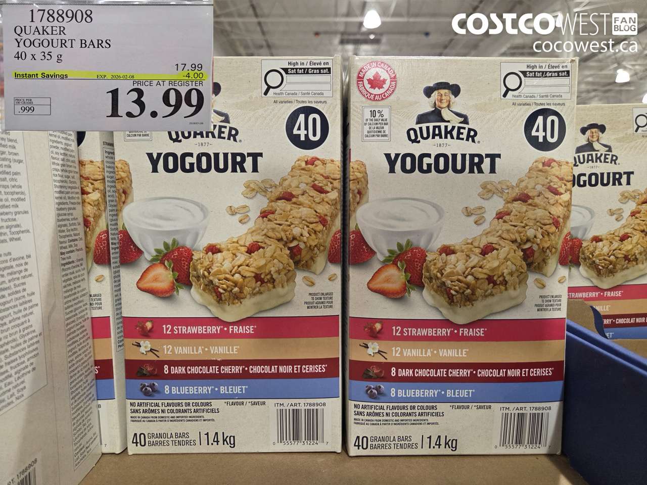 1788908 QUAKER CHEWY YOGOURT BARS 40 X 35 G ($4.00 INSTANT SAVINGS EXPIRES ON 2026-02-08) $13.99