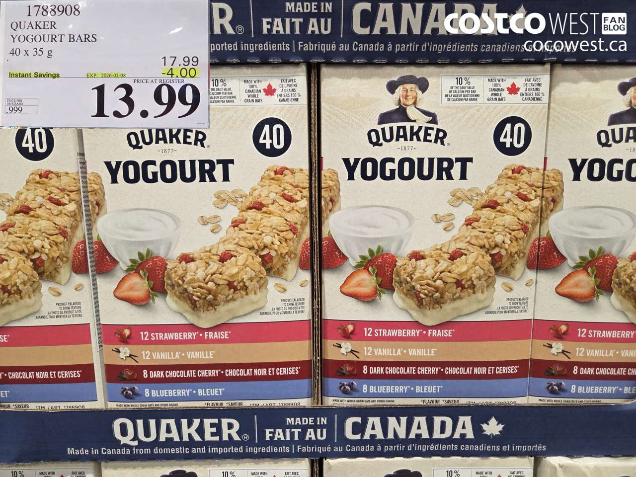 1788908 QUAKER CHEWY YOGOURT BARS 40 X 35 G ($4.00 INSTANT SAVINGS EXPIRES ON 2026-02-08) $13.99