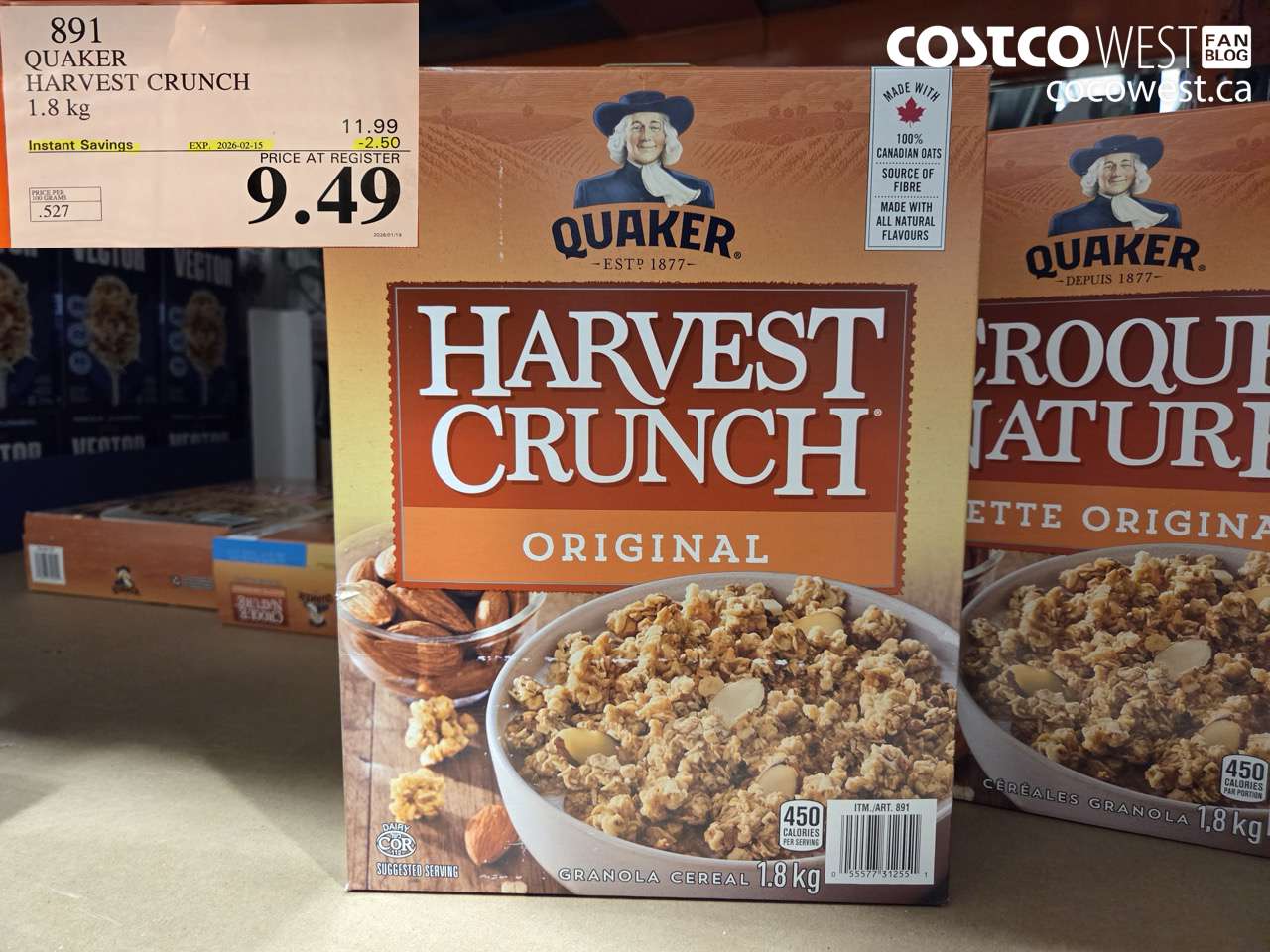 891 QUAKER HARVEST CRUNCH 1.8 kg ($2.50 INSTANT SAVINGS EXPIRES ON 2026-02-15) $9.49