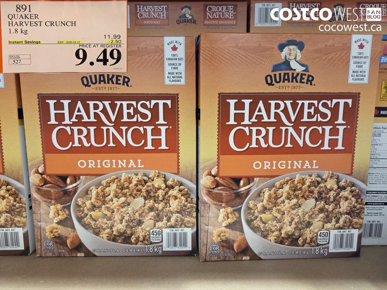 891 QUAKER HARVEST CRUNCH 1.8 kg ($2.50 INSTANT SAVINGS EXPIRES ON 2026-02-15) $9.49