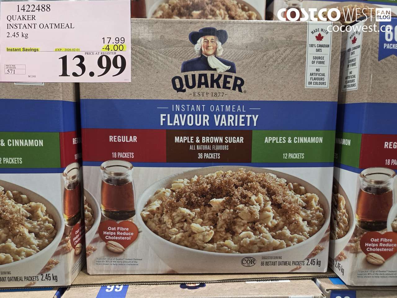1422488 QUAKER INSTANT OATMEAL 2.45 kg ($4.00 INSTANT SAVINGS EXPIRES ON 2026-02-01) $13.99