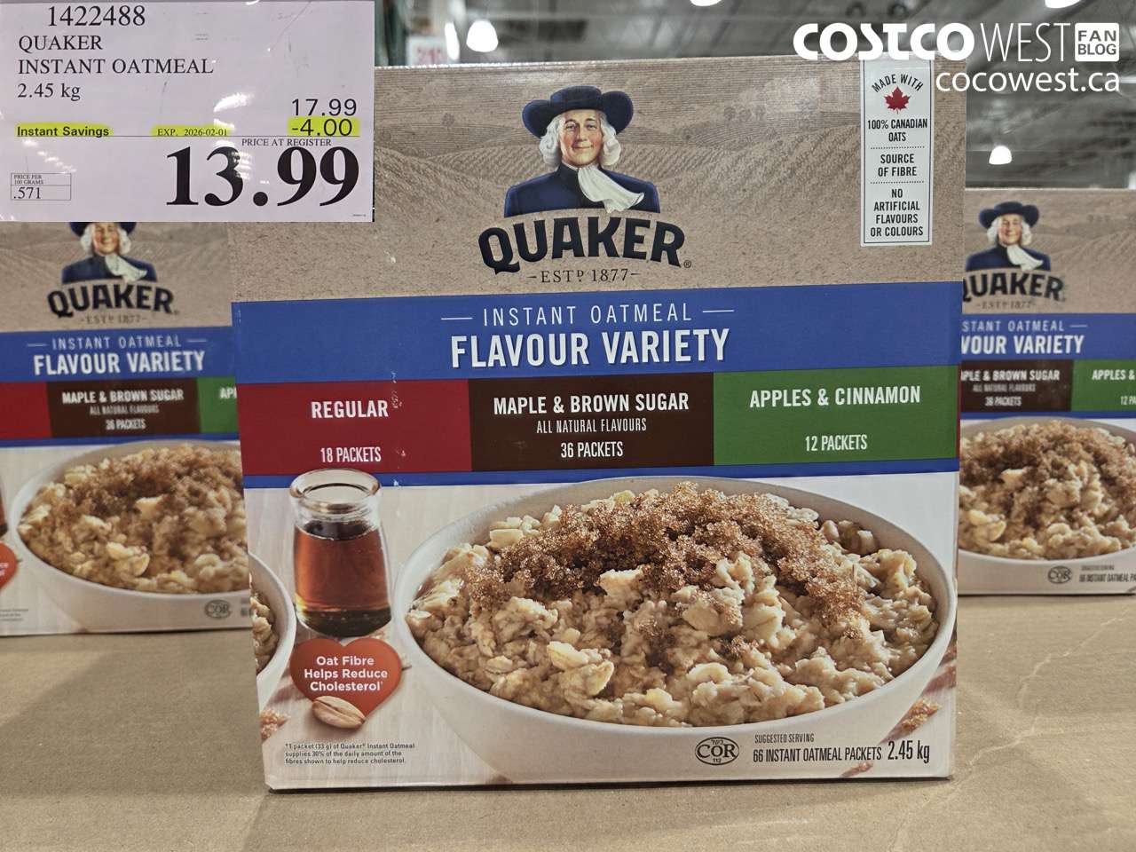 1422488 QUAKER INSTANT OATMEAL 2.45 kg ($4.00 INSTANT SAVINGS EXPIRES ON 2026-02-01) $13.99
