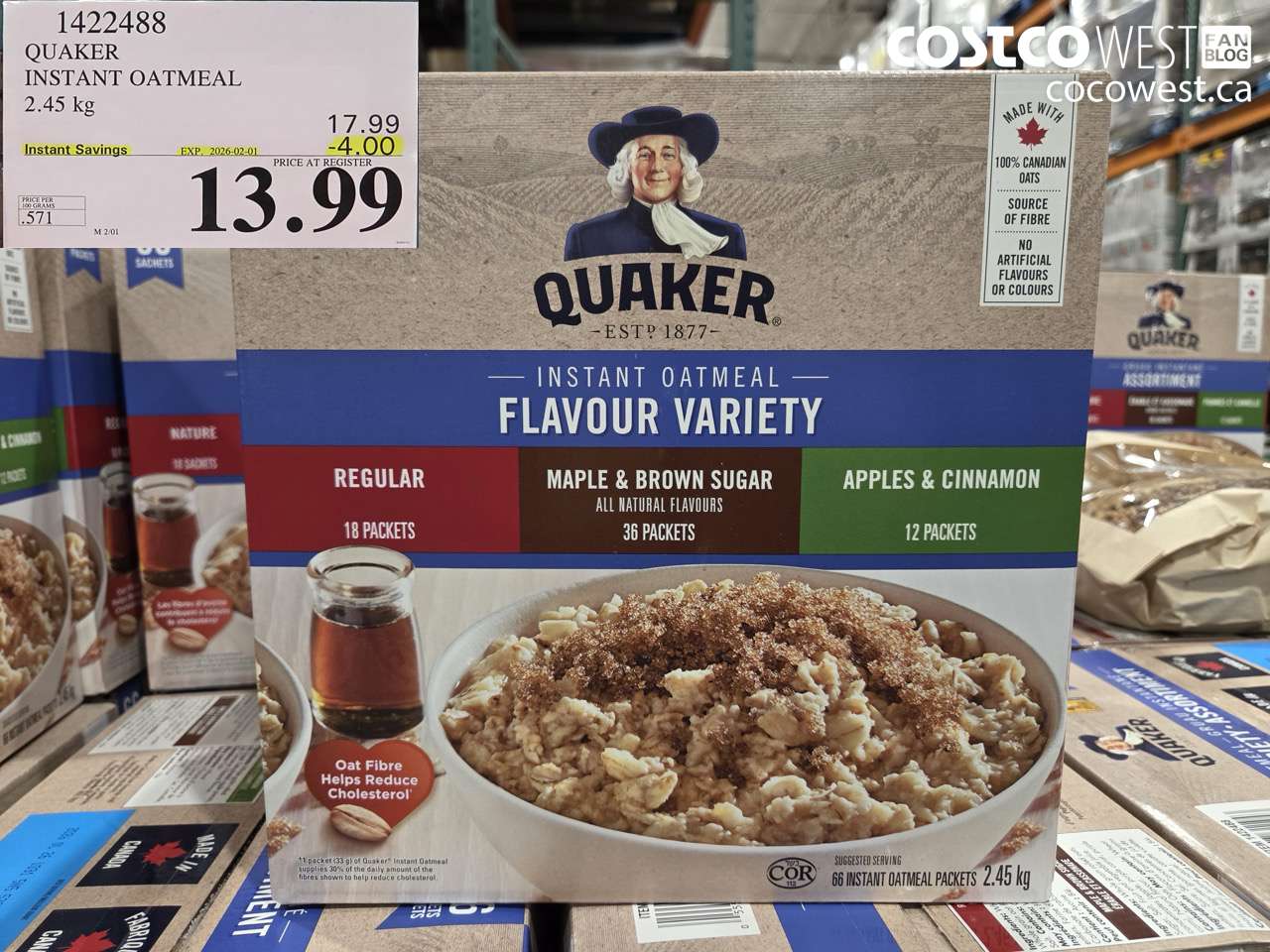 1422488 QUAKER INSTANT OATMEAL 2.45 kg ($4.00 INSTANT SAVINGS EXPIRES ON 2026-02-01) $13.99