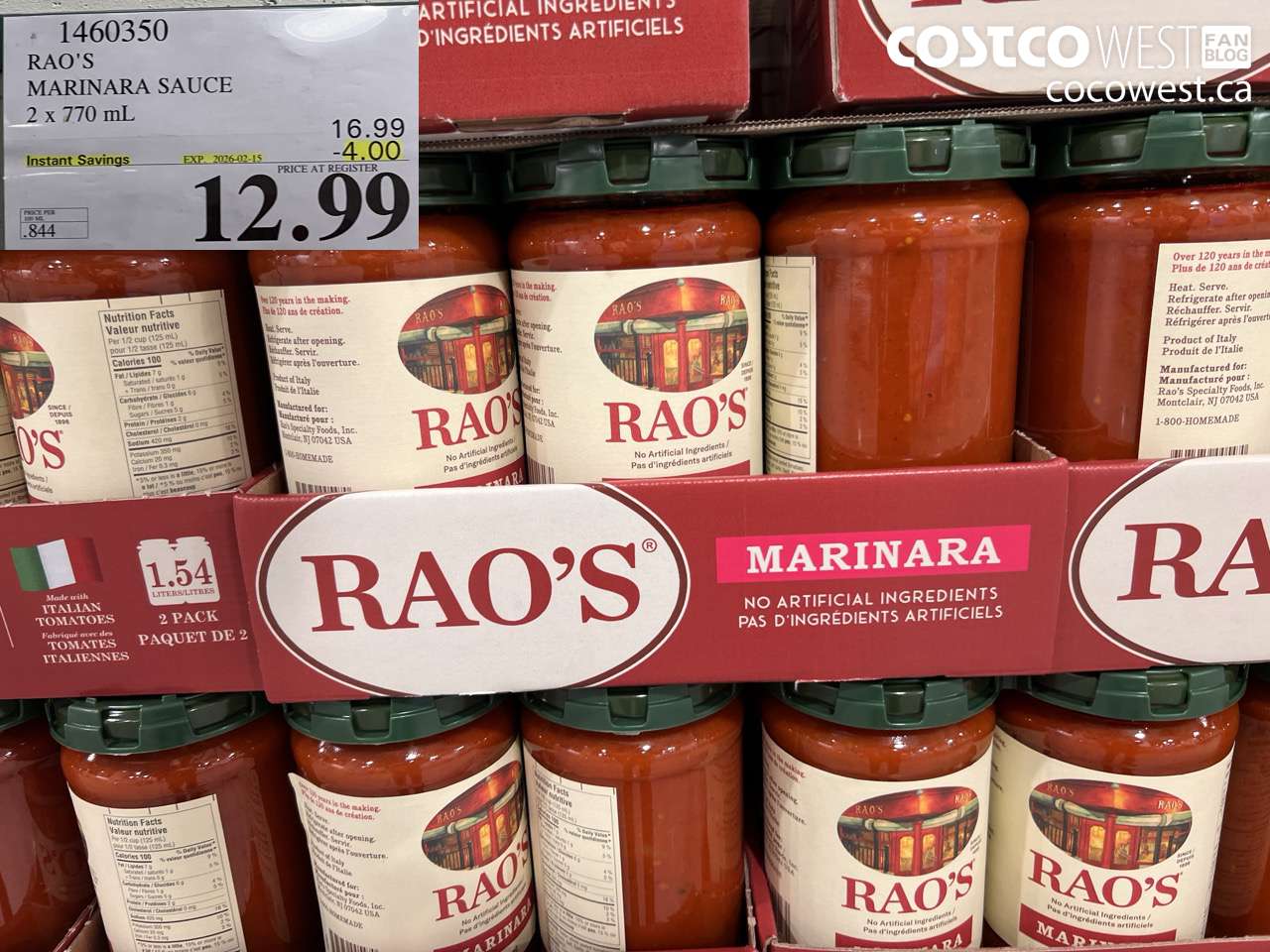 1460350 RAO'S MARINARA SAUCE 2 x 770mL ($4.00 INSTANT SAVINGS EXPIRES ON 2026-02-15) $12.99