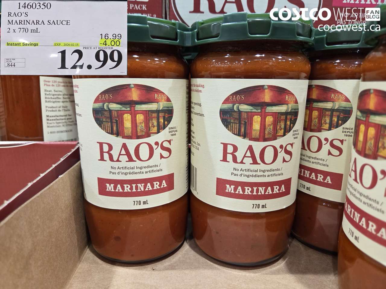 1460350 RAO'S MARINARA SAUCE 2 x 770mL ($4.00 INSTANT SAVINGS EXPIRES ON 2026-02-15) $12.99