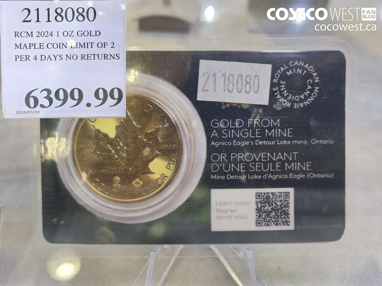 2118080 RCM 2024 1 OZ GOLD. MAPLE COIN LIMIT OF 2 PER 4 DAYS NO RETURNS $6399.99