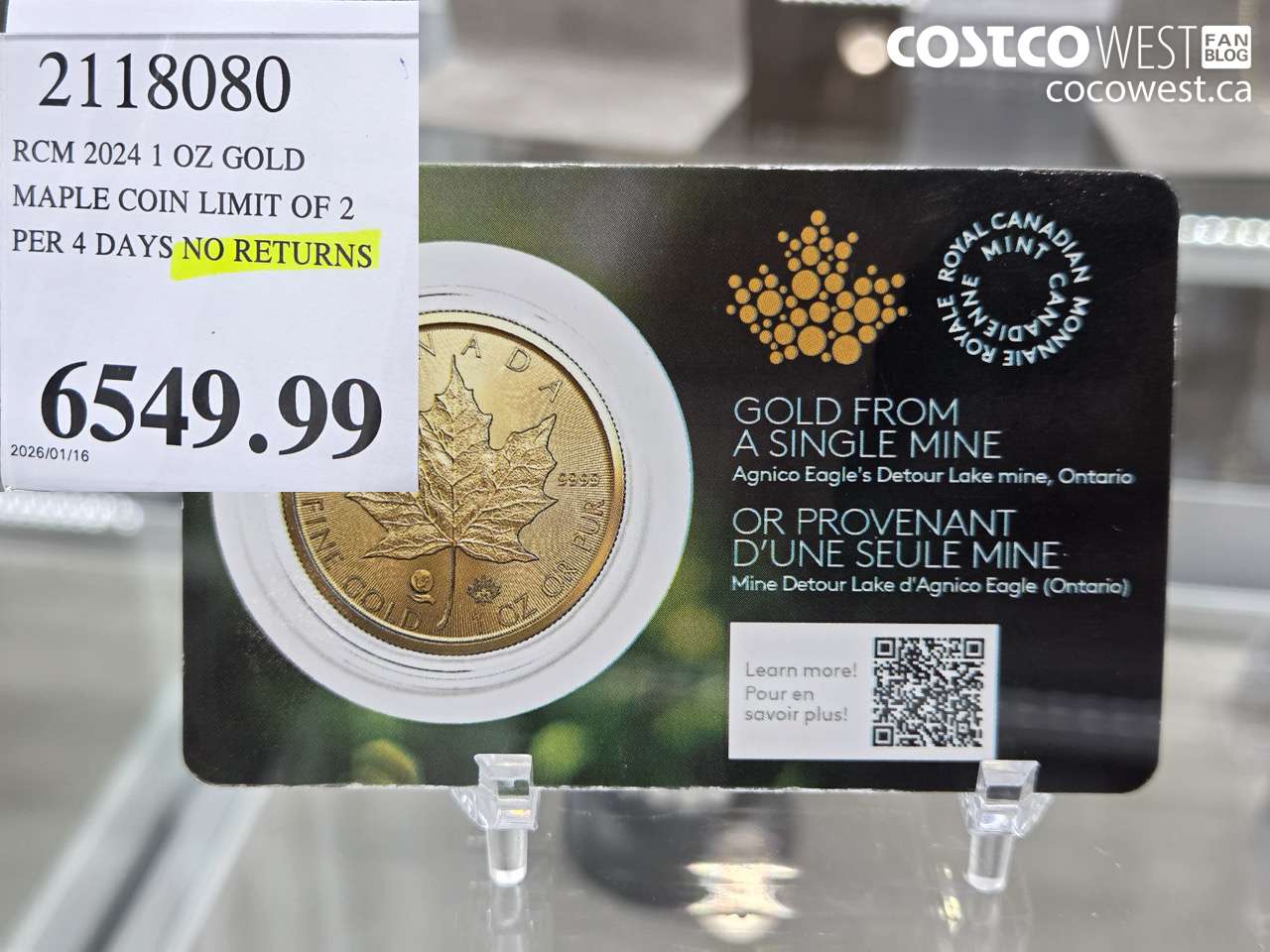 2118080 RCM 2024 1 OZ GOLD. MAPLE COIN LIMIT OF 2 PER 4 DAYS NO RETURNS $6549.99