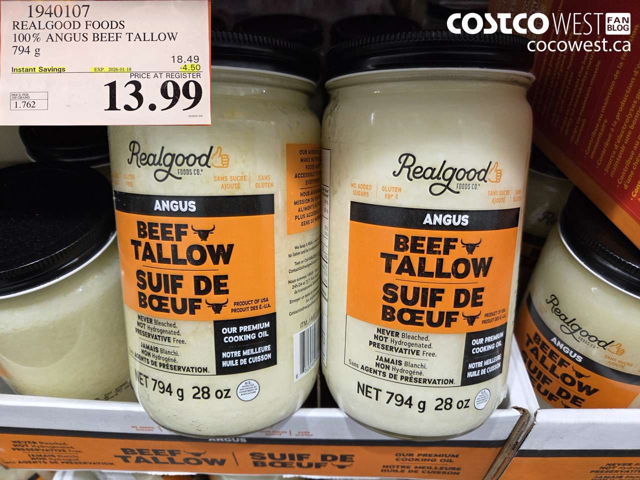 1940107 REALGOOD FOODS 100% ANGUS BEEF TALLOW 794G ($4.50 INSTANT SAVINGS EXPIRES ON 2026-01-18) $13.99