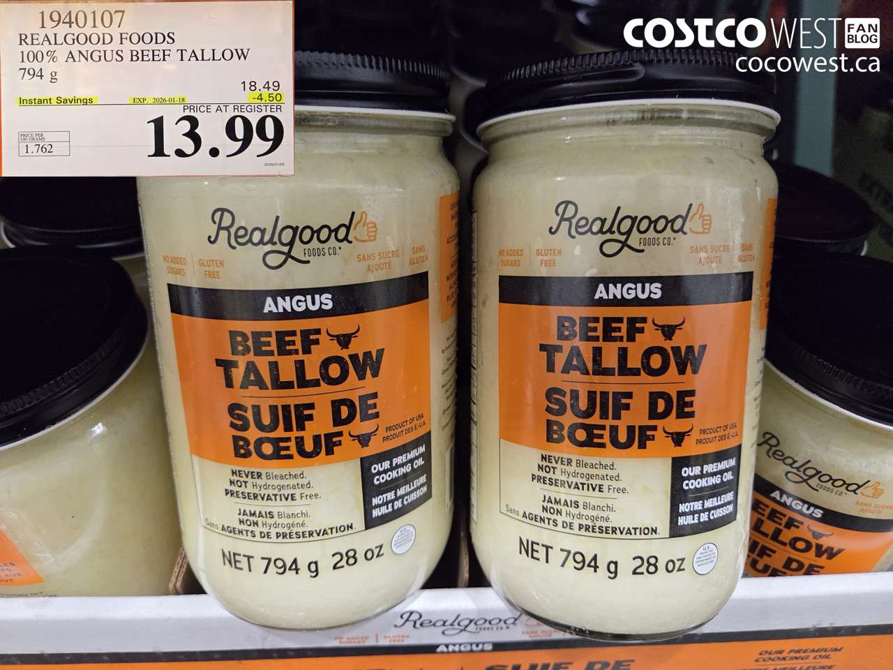 1940107 REALGOOD FOODS 100% ANGUS BEEF TALLOW 794G ($4.50 INSTANT SAVINGS EXPIRES ON 2026-01-18) $13.99