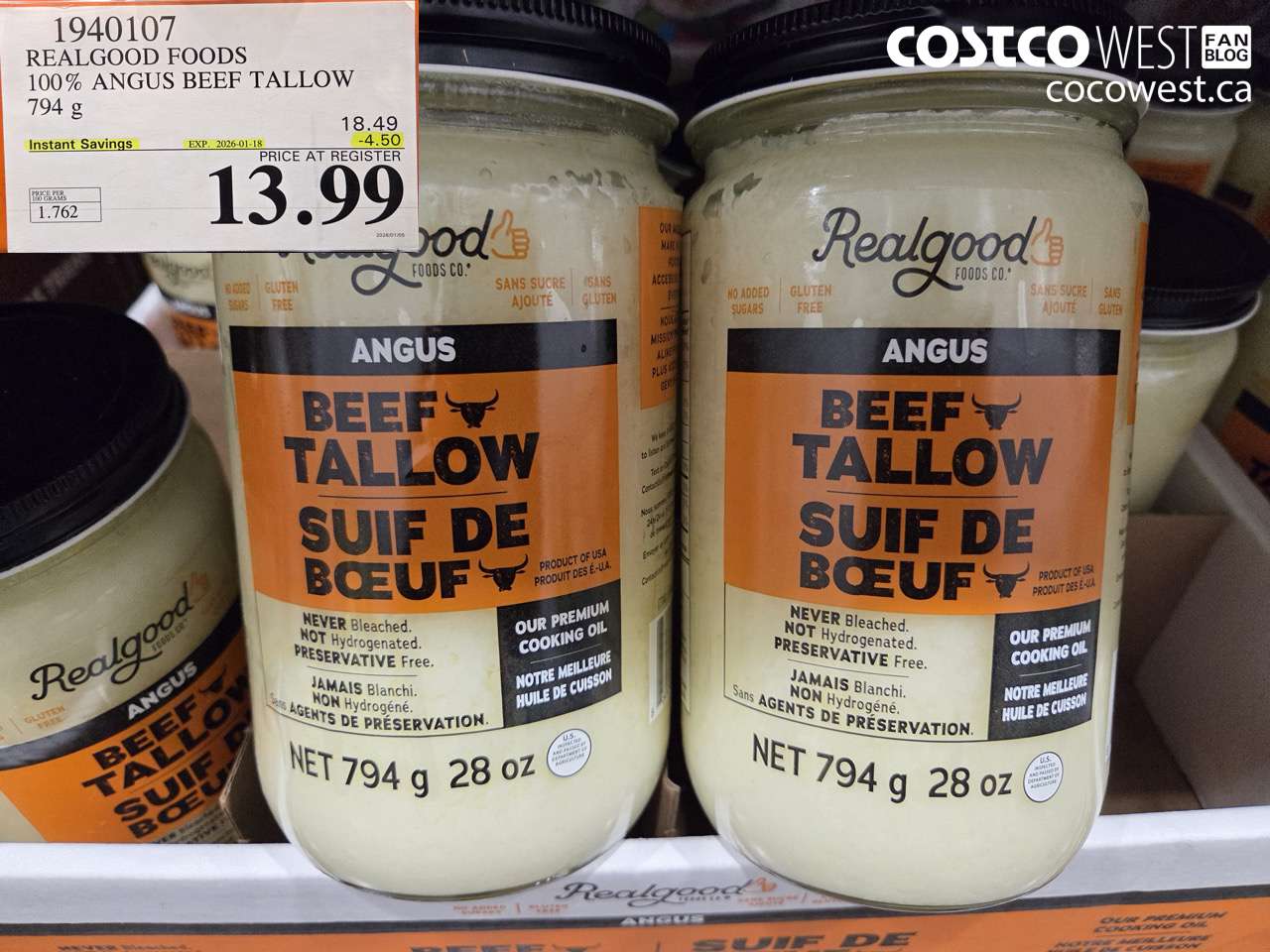 1940107 REALGOOD FOODS 100% ANGUS BEEF TALLOW 794G ($4.50 INSTANT SAVINGS EXPIRES ON 2026-01-18) $13.99