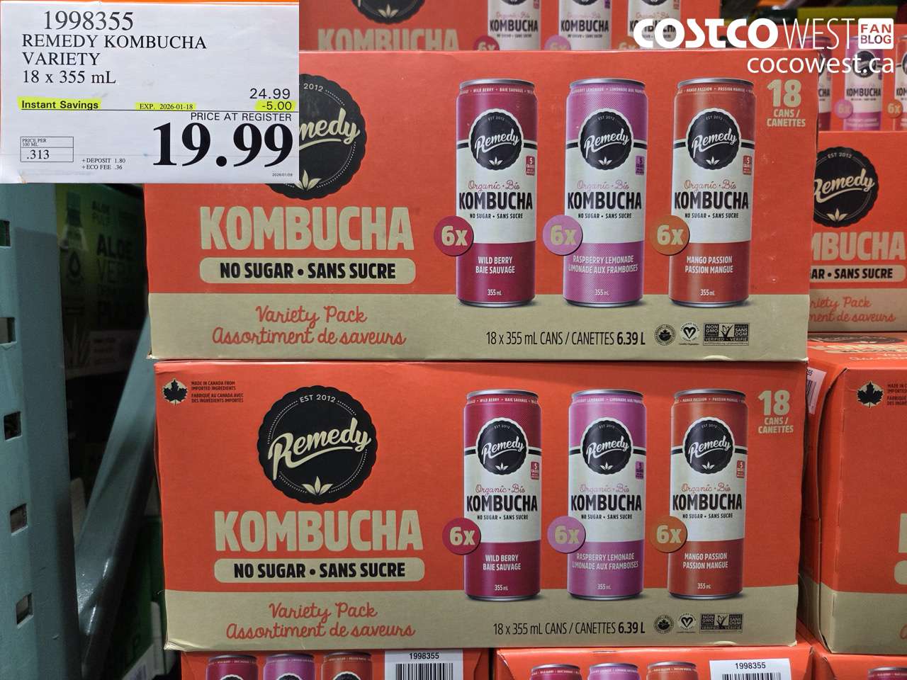 1998355 REMEDY KOMBUCHA VARIETY 18 X 355ML ($5.00 INSTANT SAVINGS EXPIRES ON 2026-01-18) $19.99