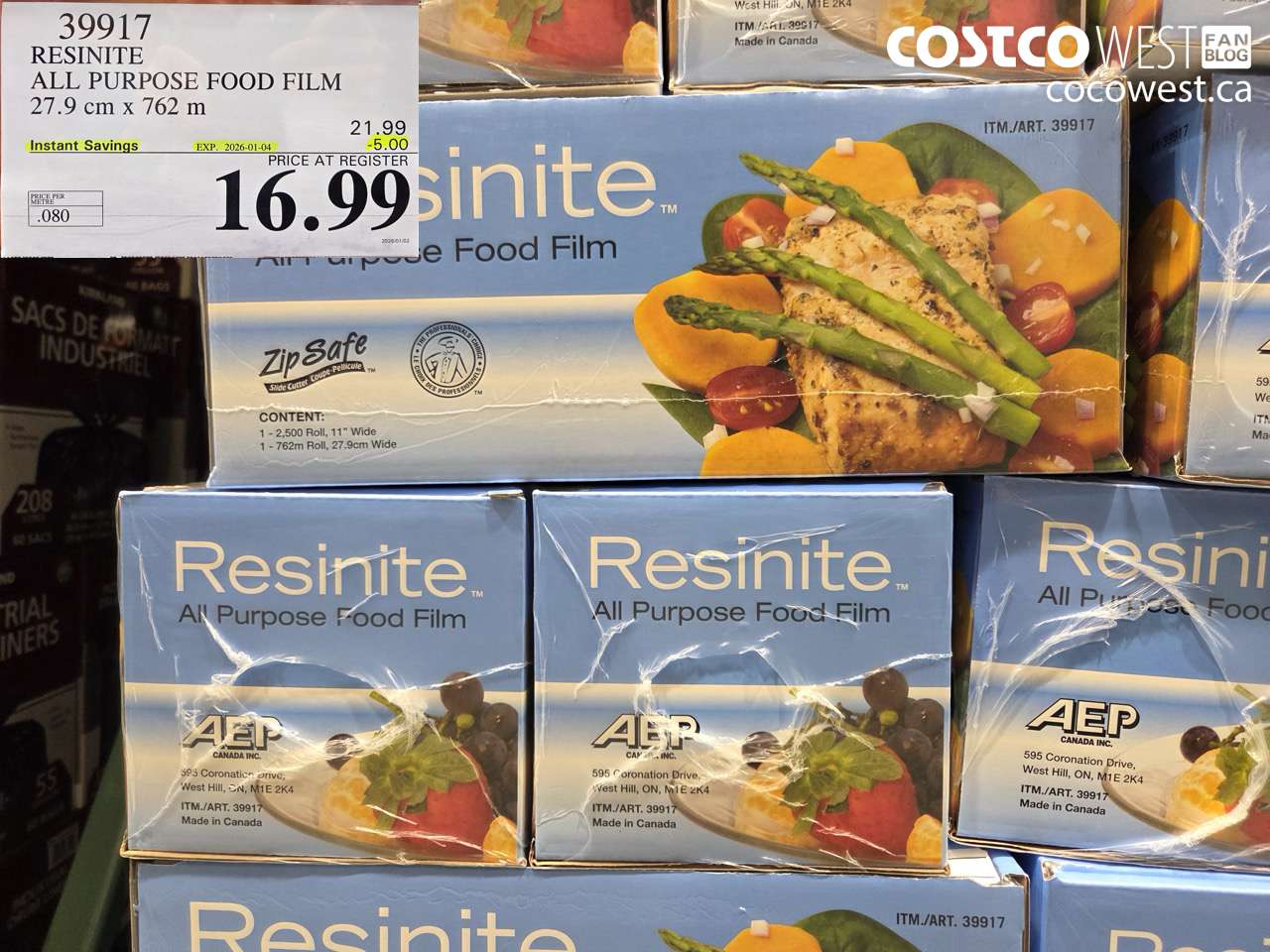 39917 RESINITE ALL PURPOSE FOOD FILM 27.9 CM x 762 M ($5.00 INSTANT SAVINGS EXPIRES ON 2026-01-04) $16.99