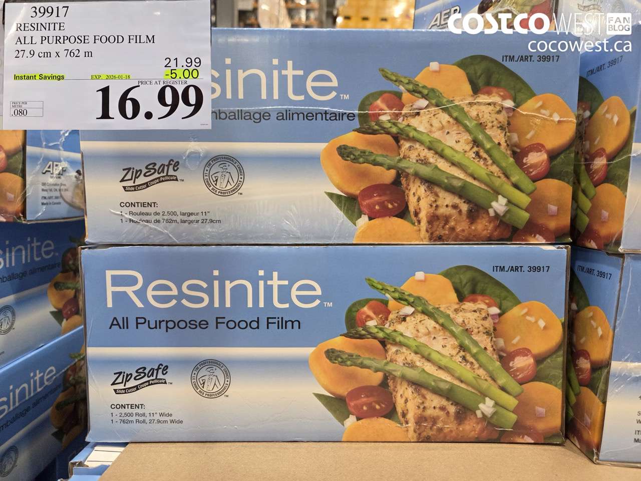 39917 RESINITE ALL PURPOSE FOOD FILM 27.9 CM x 762 M ($5.00 INSTANT SAVINGS EXPIRES ON 2026-01-18) $16.99