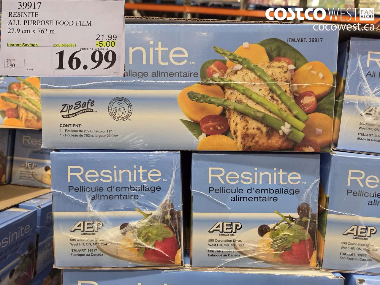 39917 RESINITE ALL PURPOSE FOOD FILM 27.9 CM x 762 M ($5.00 INSTANT SAVINGS EXPIRES ON 2026-01-18) $16.99