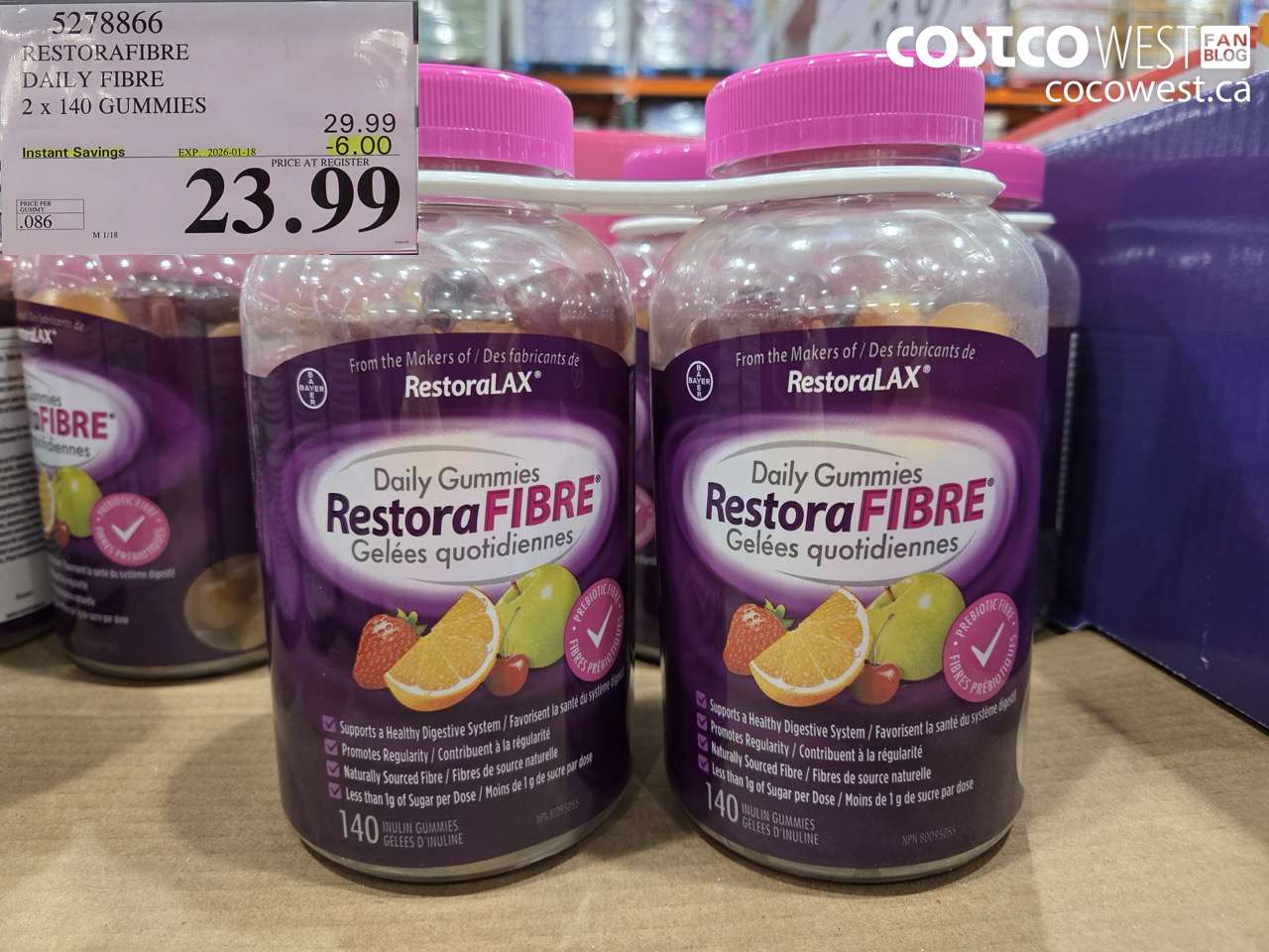 5278866 RESTORAFIBRE DAILY FIBRE 2 X 140 GUMMIES ($6.00 INSTANT SAVINGS EXPIRES ON 2026-01-18) $23.99