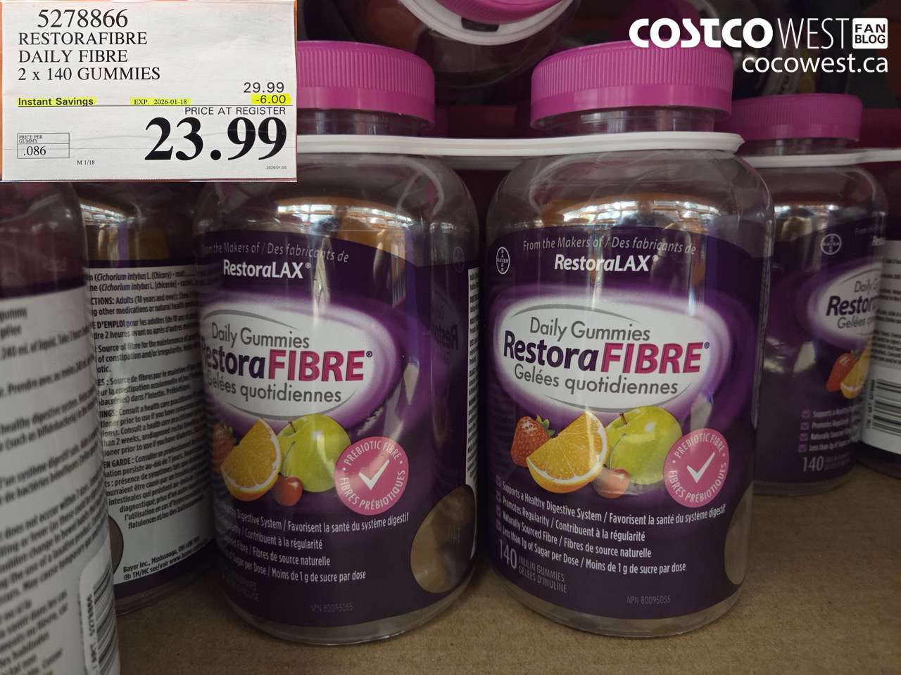 5278866 RESTORAFIBRE DAILY FIBRE 2 X 140 GUMMIES ($6.00 INSTANT SAVINGS EXPIRES ON 2026-01-18) $23.99